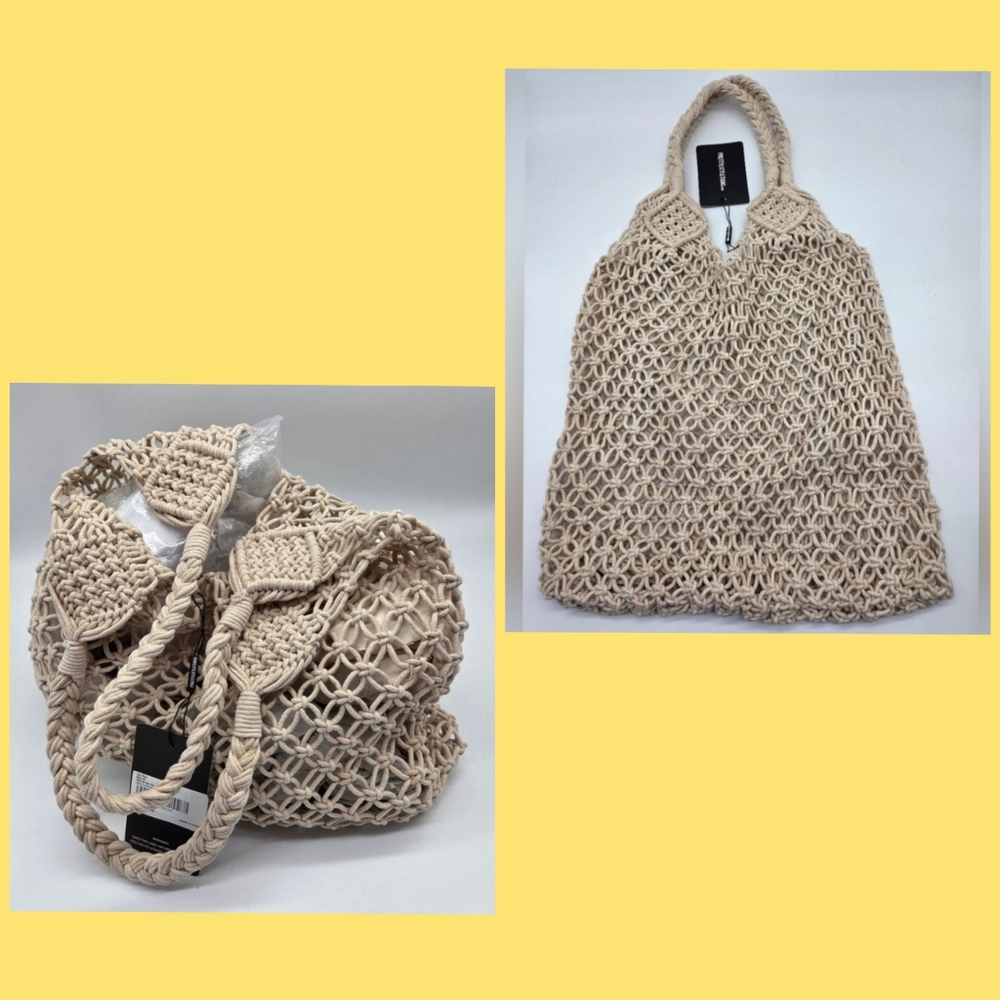 PrettyLittleThing Natural Crochet Detail Tote Beach Bag In 100% Cotton